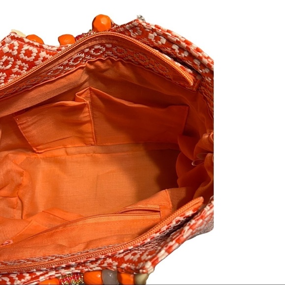 Capelli Woven Straw Beaded Handbag Handle Boxy Beach Weekend Spring Fashion Logo - Picture 6 of 7